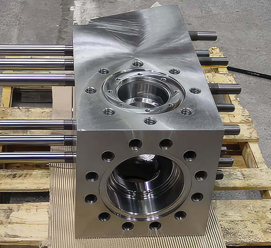 machined part machined with milling, turning and gun drilling processes sitting on pallet